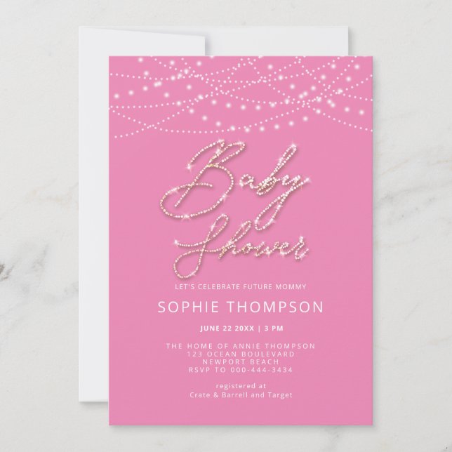 Invitación Caligrafía rosa Chica de Luces Rústicas Baby Showe (Anverso)