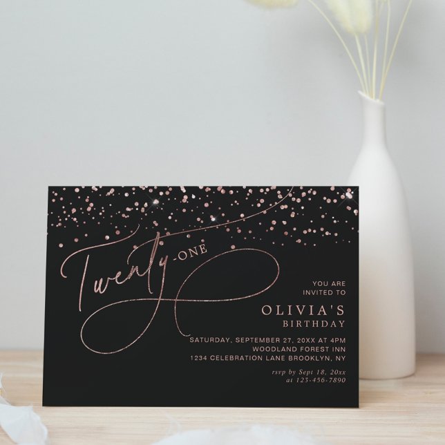 Invitación Caligrafía Rosa Negro Confeti de oro 21º cumpleaño (Subido por el creador)