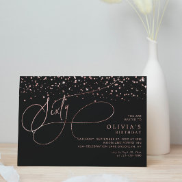 Invitación Caligrafía Rosa Negro Confetti 60 cumpleaños