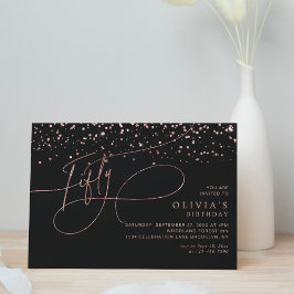 Invitación Caligrafía Rosa Negro Confetti de oro 50 cumpleaño