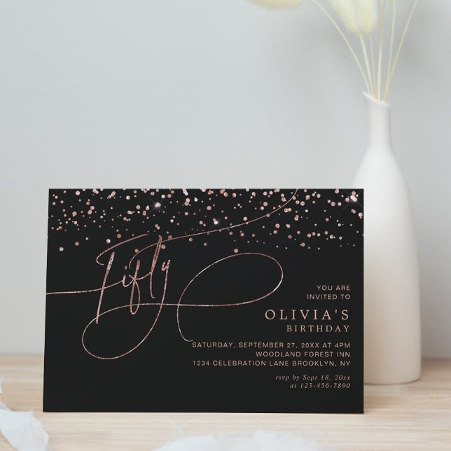Invitación Caligrafía Rosa Negro Confetti de oro 50 cumpleaño (Subido por el creador)