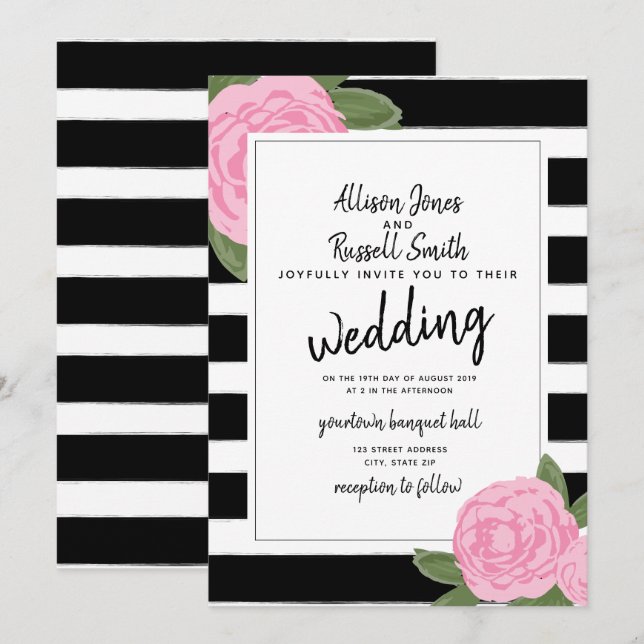 Invitación Caligrafía Rosa Rosa Rosa Rosa Negro + Boda de fra (Anverso / Reverso)