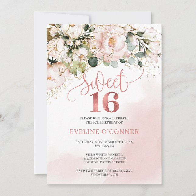 Invitación Caligrafía rosa rosa rubor verde dulce 16 (Anverso)