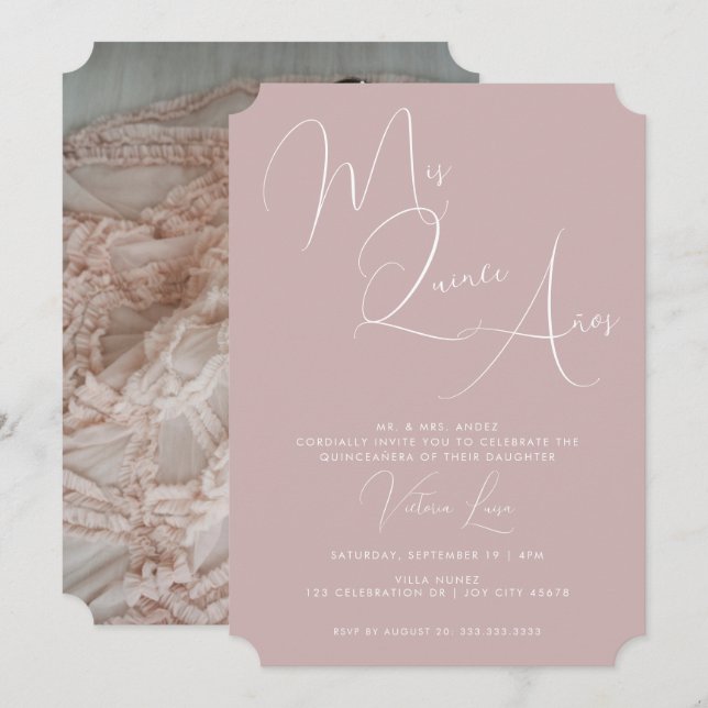 Invitación Caligrafía Rubor Pink 15ª quinceañera de cumpleaño (Anverso / Reverso)