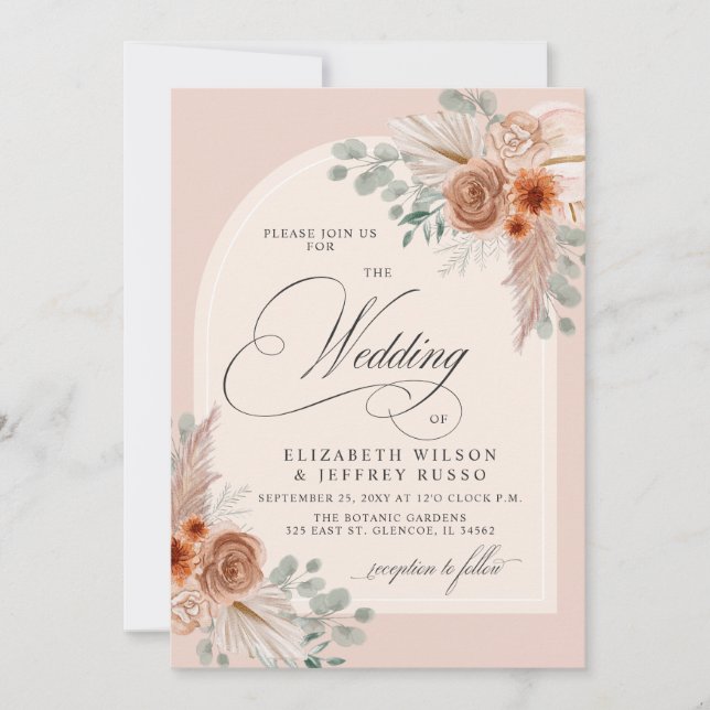Invitación Caligrafía rusa Boho Terracotta Pampas Boda (Anverso)