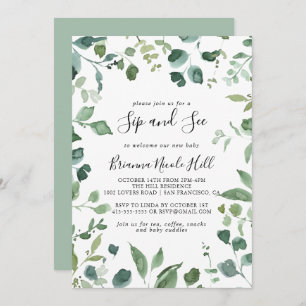 Invitación Caligrafía Script Green Foliage Sip and See
