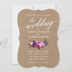 Invitación Caligrafía Script Purple Floral Boda Kraft