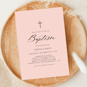 Invitación Caligrafía simple Baptismo de bebé rosa
