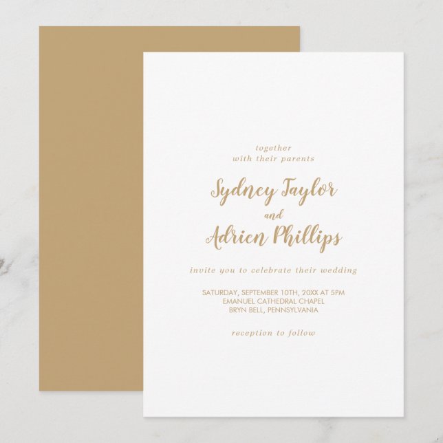 Invitación Caligrafía simple|Boda de caja dorada (Anverso / Reverso)