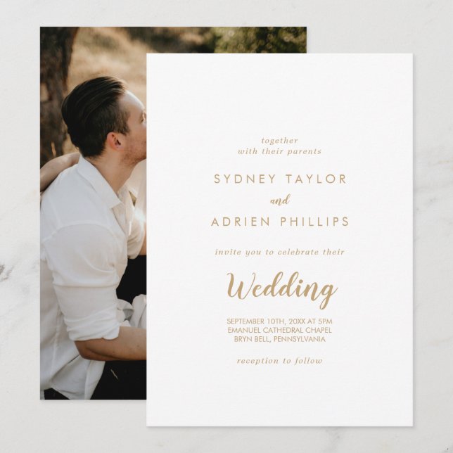 Invitación Caligrafía simple|Boda informal con fotografía de  (Anverso / Reverso)