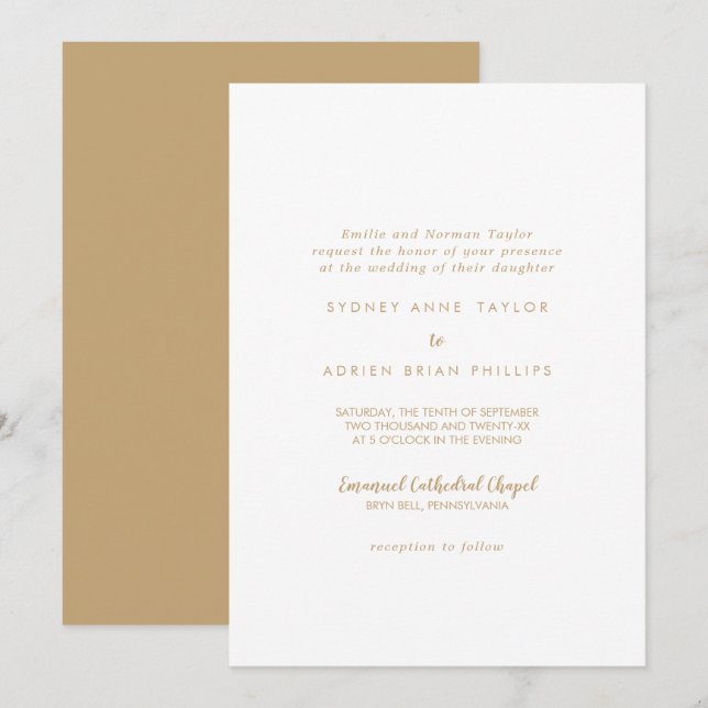 Invitación Caligrafía simple|Boda tradicional dorado (Anverso / Reverso)