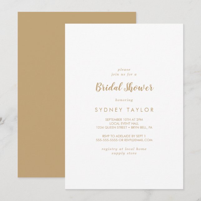 Invitación Caligrafía simple | Ducha dorada para novias (Anverso / Reverso)