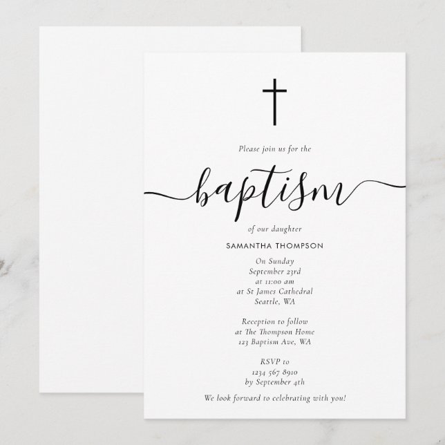 Invitación Caligrafía simple guión bautismo cristiano (Anverso / Reverso)