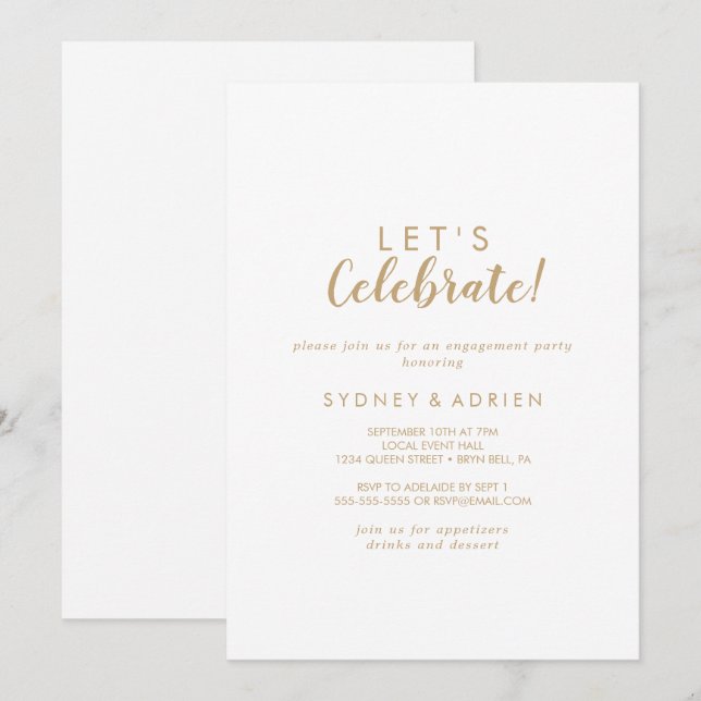 Invitación Caligrafía simple|oro celebremos al Fiesta (Anverso / Reverso)