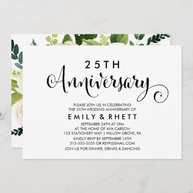 Invitación Caligrafía sureña | Aniversario de boda floral (Anverso / Reverso)