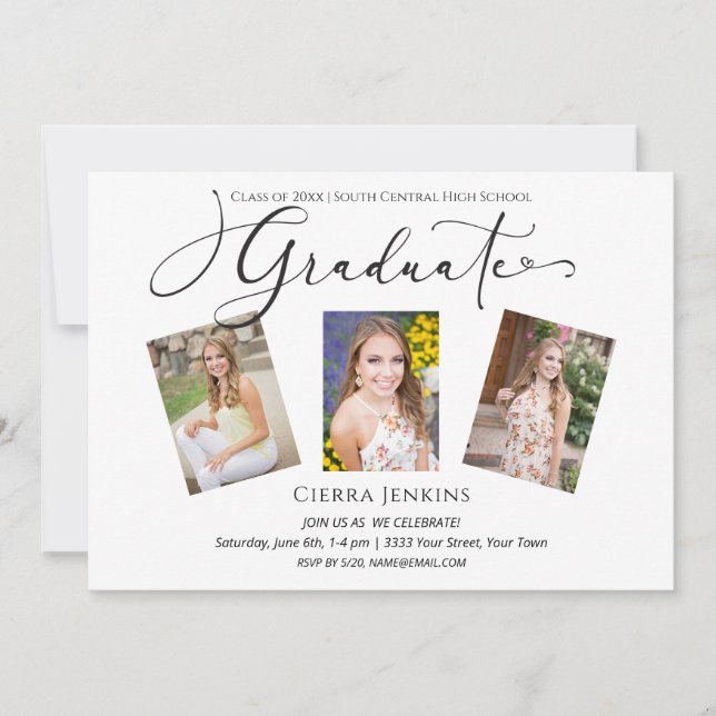 Invitación Caligrafía Tres Foto Partido de Graduación Blanca (Anverso)