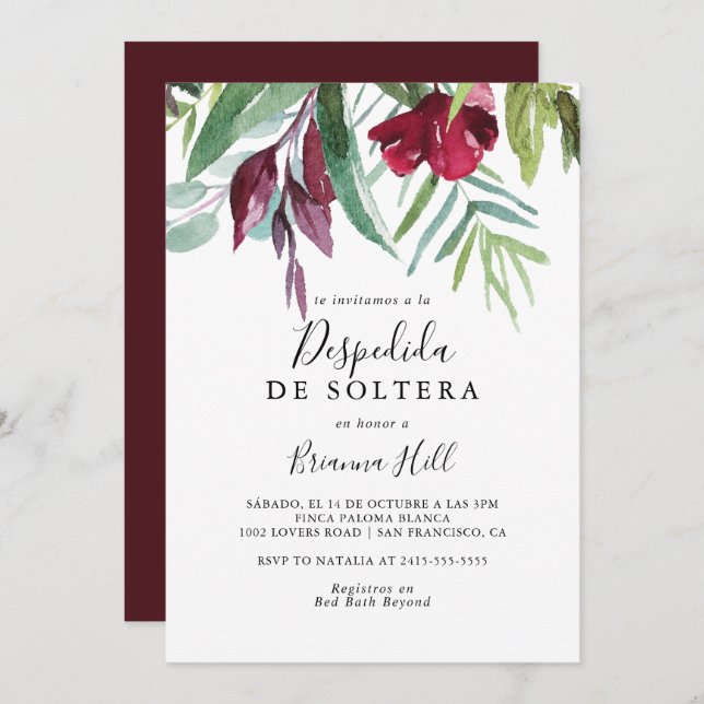 Invitación Caligrafía Tropical Floral Española Ducha de Novia (Anverso / Reverso)