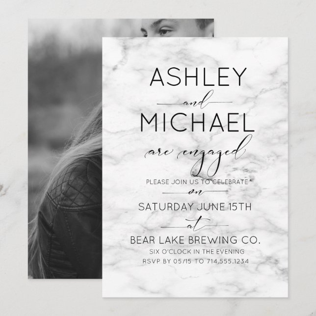 Invitación Caligrafía Typografía Marble Engagement Party (Anverso / Reverso)