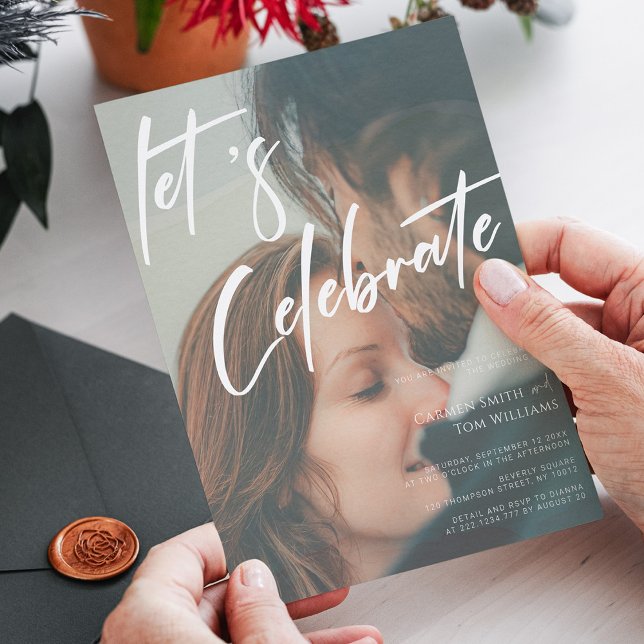 Invitación Caligrafía única: Celebremos al Boda de fotos (Unique Calligraphy_ Let's Celebrate Photo Wedding Invitation)