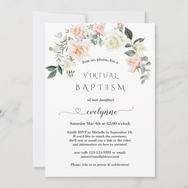 Invitación Caligrafía única Flores rosa bautismo virtual (Anverso)