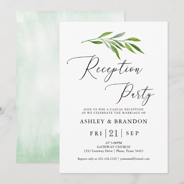 Invitación Caligrafía Verde Fiesta de Recepción Rústica (Anverso / Reverso)