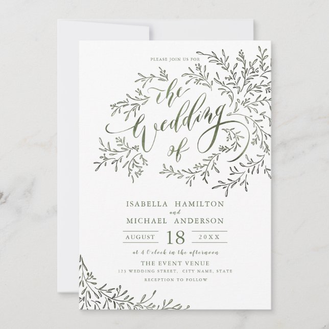 Invitación Caligrafía verde sabio boda floral rústico (Anverso)
