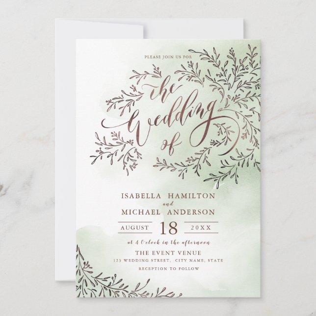Invitación Caligrafía verde sabio boda floral rústico (Anverso)
