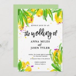 Invitación Caligrafía violeta verde amarillo floral moderna