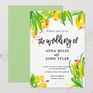 Invitación Caligrafía violeta verde amarillo floral moderna