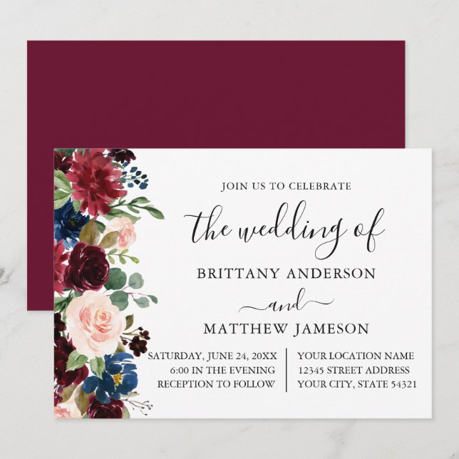Invitación Caligrafía Watercolor Floral Boda Borgoña (Anverso / Reverso)