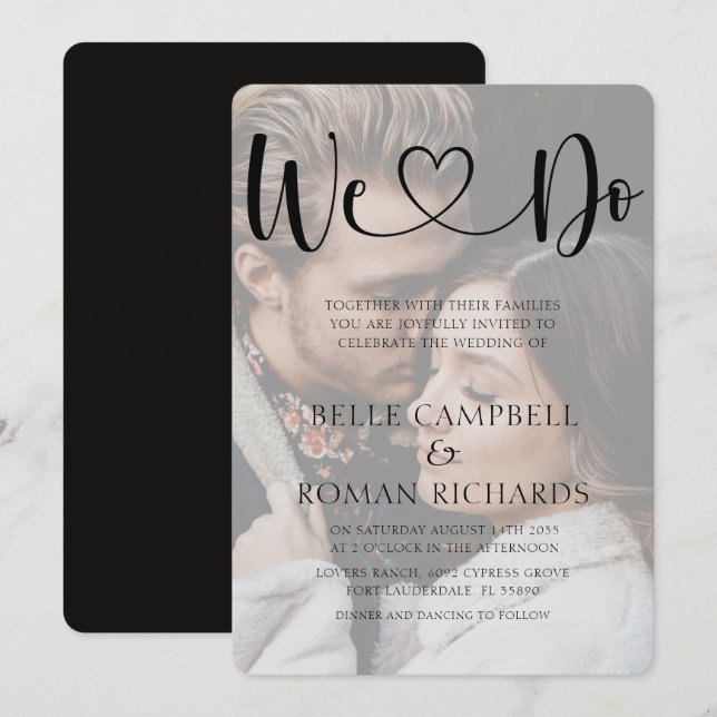 Invitación Caligrafía y Boda fotográfico del corazón blanco y (Anverso / Reverso)