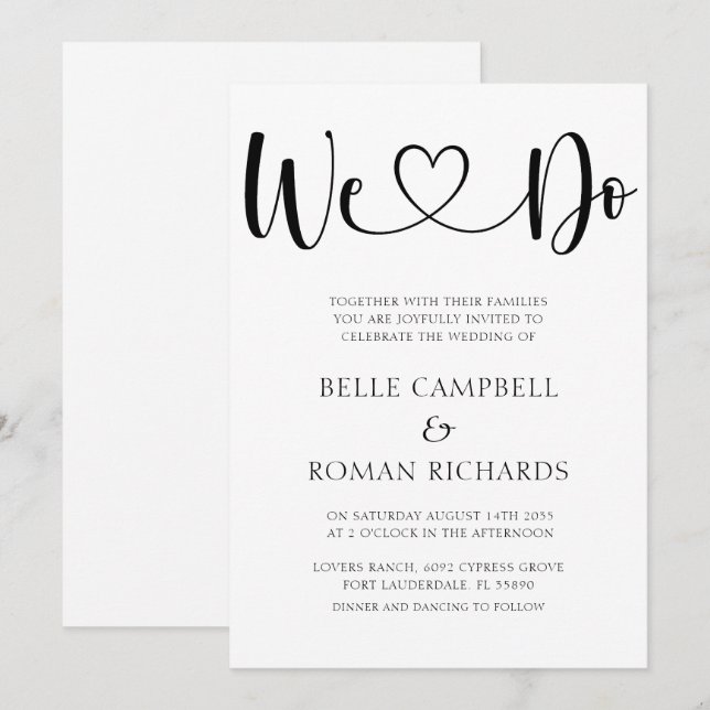 Invitación Caligrafía y Boda fotográfico del corazón blanco y (Anverso / Reverso)