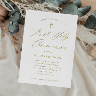 Invitación Caligrafía y cruz de oro   Primera Comunión Sagrad
