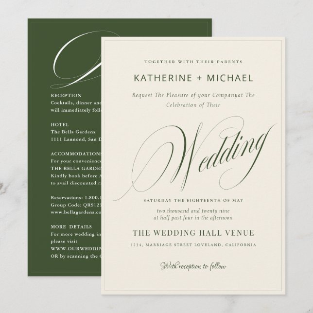 Invitación Caligrafía y detalles de guiones románticos Boda d (Anverso / Reverso)