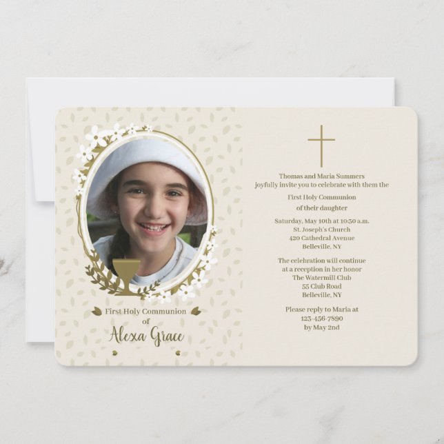 Invitación Cáliz con flores Foto Primera comunión (Anverso)