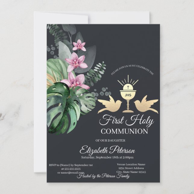Invitación Cáliz de Flores Tropicales Primera Comunión   (Anverso)