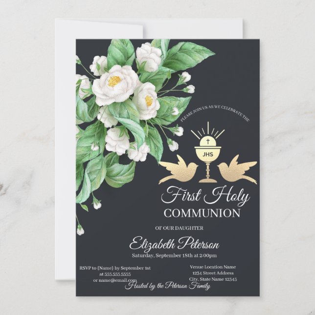 Invitación Cáliz de la Primera Comunión de Flores Blancas (Anverso)