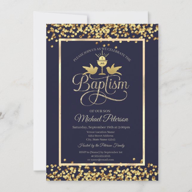 Invitación Cáliz de oro confeti azul marino  (Anverso)