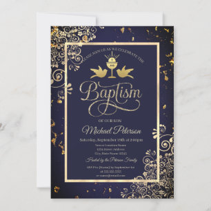 Invitación Cáliz de Oro Elegante Encaje Azul Marino Bautizo