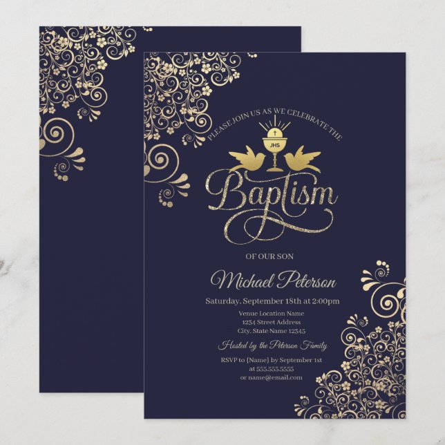 Invitación Cáliz de Oro Encaje Azul Marino  (Anverso / Reverso)