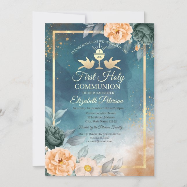 Invitación Cáliz de Oro Rosas Verdes Primera Comunión (Anverso)