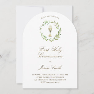 Invitación cáliz de primera comunión católica corona verde