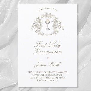 Invitación cáliz de primera comunión católica cresta gris bei