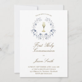 Invitación cáliz de primera comunión católica elegante azul