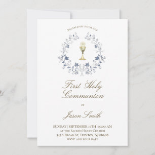 Invitación cáliz de primera comunión católica elegante azul