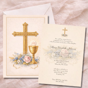 Invitación Cáliz de Primera Comunión Hostia Floral