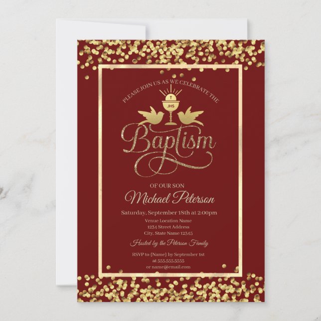 Invitación Cáliz dorado confetti rojo (Anverso)