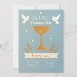 Invitación Cáliz Elegante Clásico Azul Dorado Santa Comunión