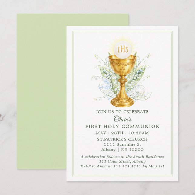 Invitación Cáliz Elegante de Acuarela Primera Comunión (Anverso / Reverso)