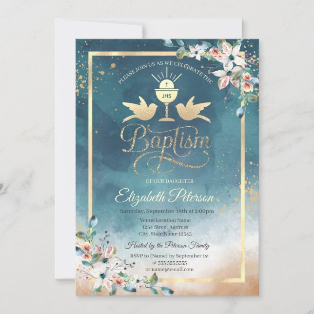 Invitación Cáliz Elegante Flores Acuarela Bautizo (Anverso)